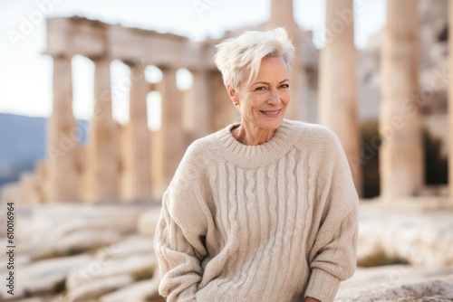 Portrait of a smiling mature woman standing at the ruins of the Acropolis in Athens, Greece