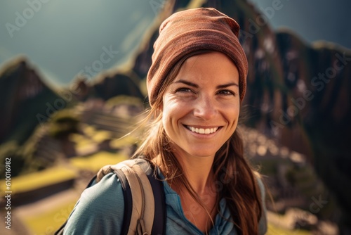Portrait of a smiling young woman with a backpack standing on the top of a mountain