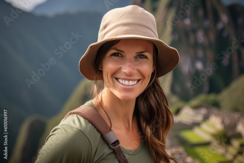 Portrait of a smiling woman in hat with backpack against mountain landscape