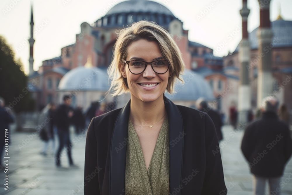 young beautiful hipster woman in black coat and eyeglasses walking in the city of Istanbul, Turkey young beautiful hipster woman in black coat and eyeglasses walking in the city of Istanbul, Turkey