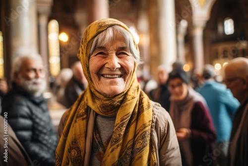 Portrait of an elderly woman with a yellow scarf in the mosque
