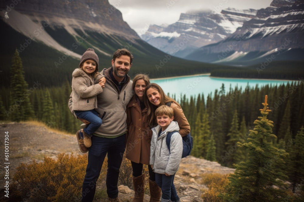 Happy family of four on a hike in Glacier National Park, Montana