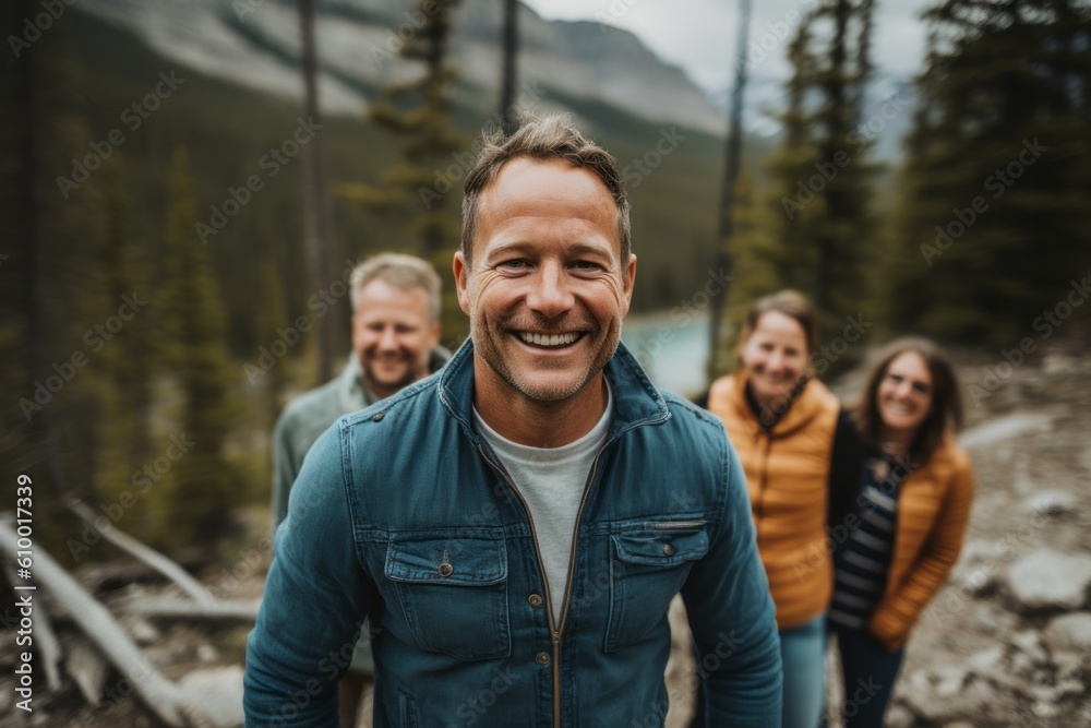 Portrait of a smiling man standing in front of his friends on a hike
