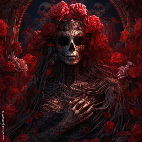 A portrayal of beautiful death  a woman in a red gown with a skull face  symbolizing the allure of mortality  surrounded by roses. Generative AI  AI.