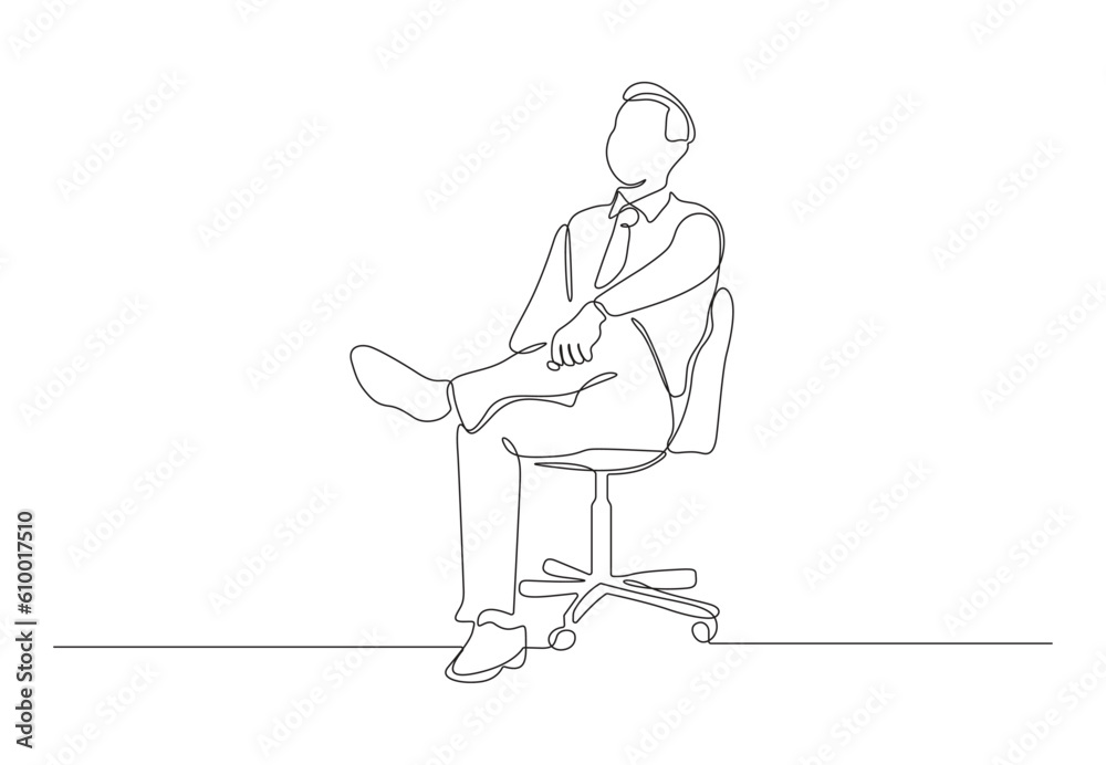 Continuous line drawing of boss man sitting cross legged vector illustration. Premium vector.