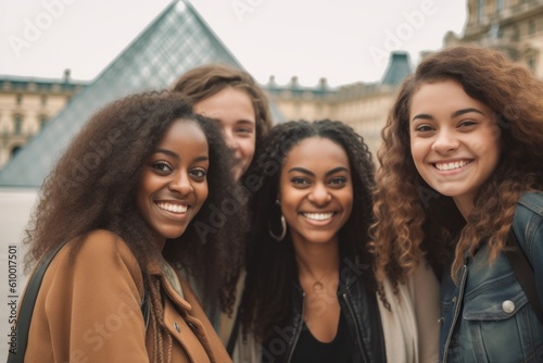 Papier peint Group portrait photography of a satisfied woman in her 20s that is smiling with friends at the Louvre Museum in Paris France