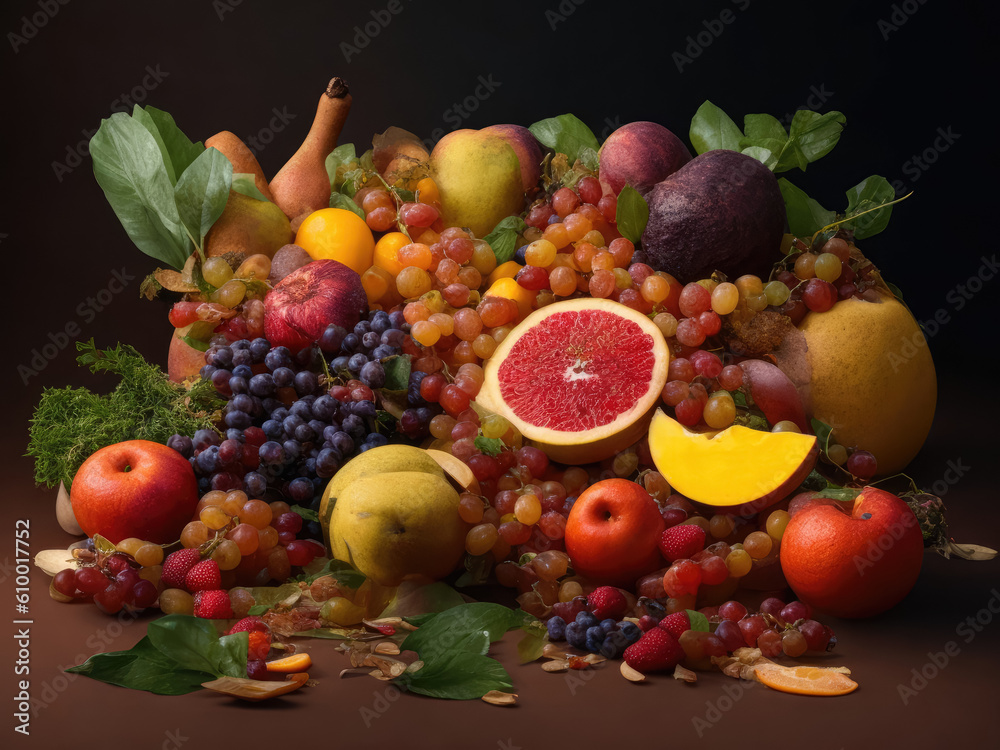 A still life composition of fruits is presented against a dark background, creating a striking contrast and highlighting the beauty of the natural forms and colors. Generative Ai, Ai.