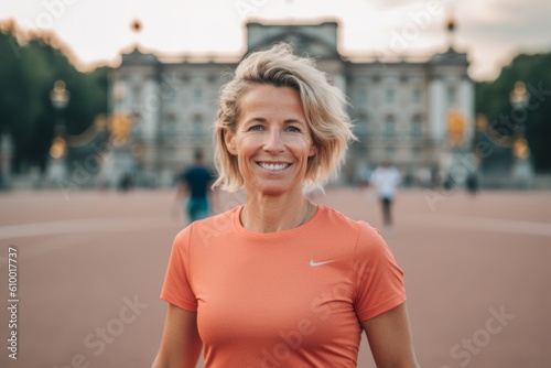 Portrait of happy middle aged woman in sportswear smiling and looking at camera while standing outdoors