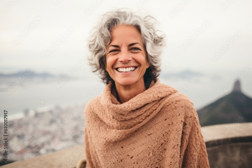 Lifestyle portrait photography of a pleased woman in her 50s that is wearing a cozy sweater at the Christ the Redeemer in Rio de Janeiro Brazil . Generative AI Lifestyle portrait photography of a pleased woman in her 50s that is wearing a cozy sweater at the Christ the Redeemer in Rio de Janeiro Brazil . Generative AI