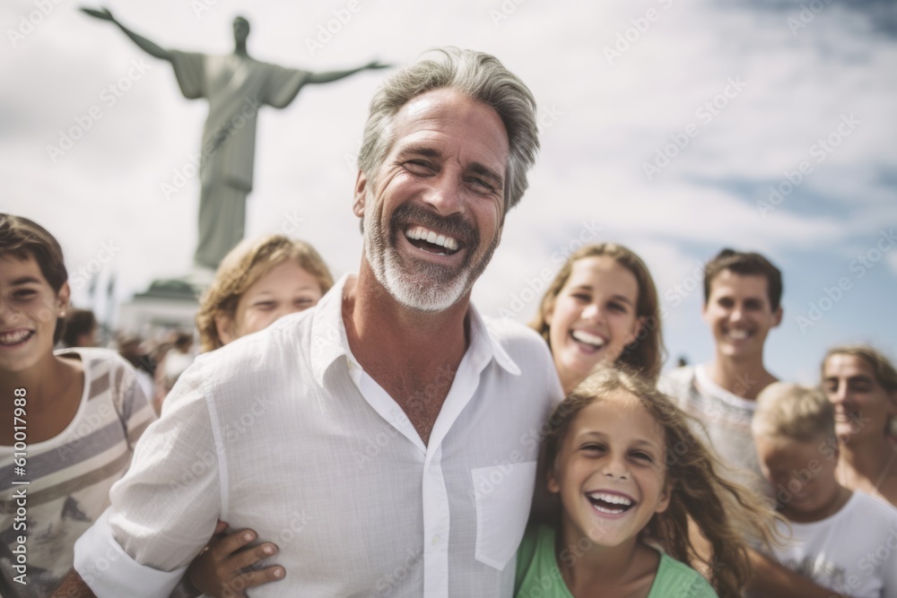 Obraz premium Portrait of smiling man with family standing in front of statue on sunny day