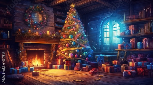 Interior christmas  magic glowing tree  fireplace  gifts in dark. Generative ai