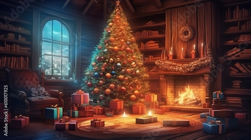 Stylish interior of living room with beautiful Christmas tree and fireplace. Generative ai © MdMaruf