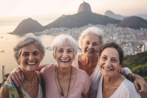 Portrait of happy senior women on the roof of a hotel in Rio de Janeiro