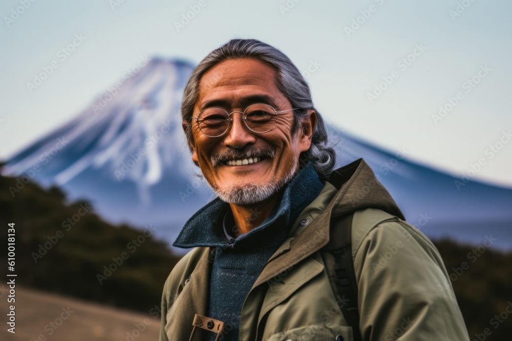 Portrait of smiling senior man with backpack standing in front of Mt Fuji