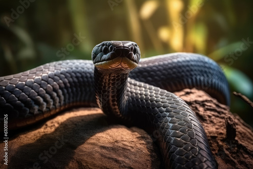 A breathtaking black mamba in its natural habitat, showcasing Africa's deadliest snake and the fascinating biodiversity of its wildlife.  Generative Ai, Ai.