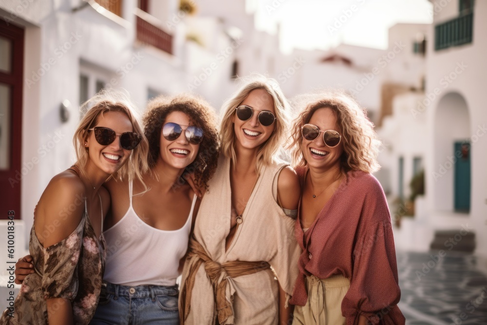 Portrait of a group of beautiful young women in sunglasses standing in the street
