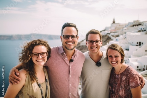 Group of friends on vacation in Santorini island, Greece.