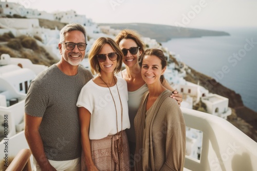 Portrait of a happy family on vacation in Santorini, Greece