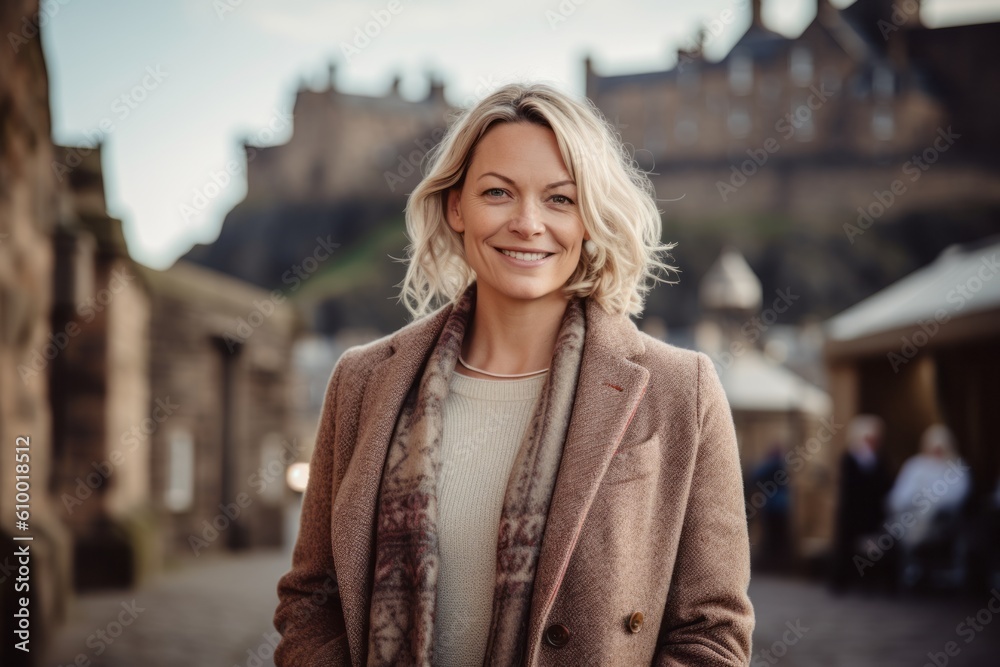 Fototapeta premium Portrait of a beautiful middle-aged woman smiling at the camera in Edinburgh, Scotland