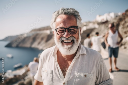 Lifestyle portrait photography of a satisfied man in his 60s that is smiling with friends at the Santorini Island Greece . Generative AI