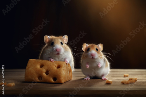 Two beautiful hamsters with cheese created with Generative AI technology