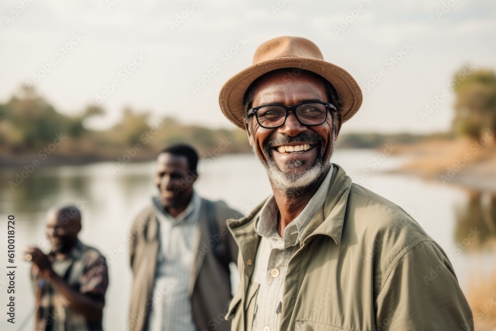 Portrait of happy senior man in hat and eyeglasses standing with friends on riverside