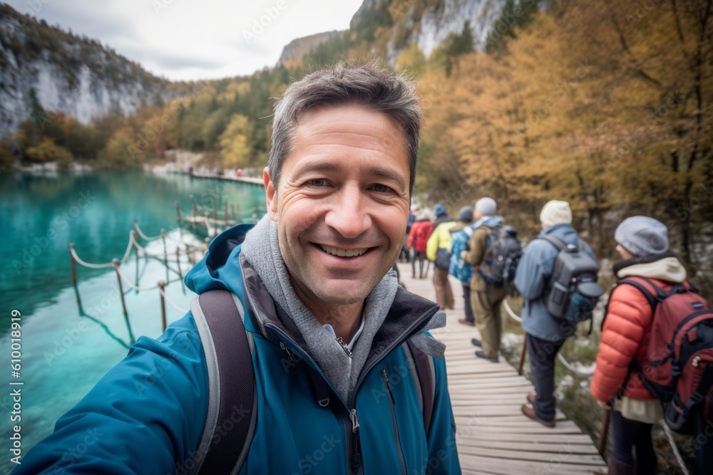 Handsome man taking a selfie in the Plitvice Lakes National Park, Croatia