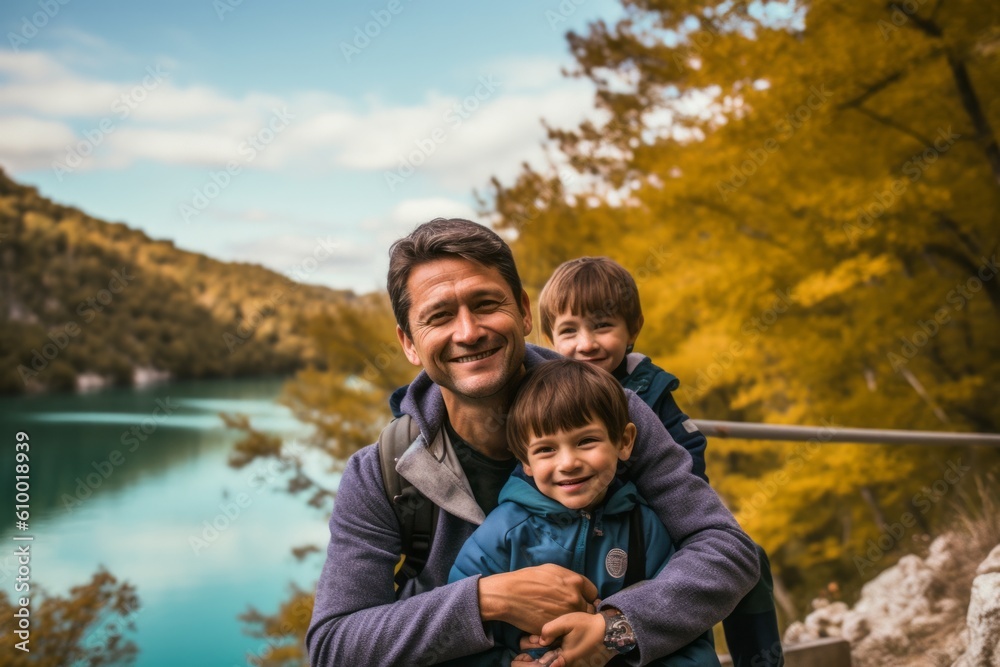 Father with his two sons on the background of a beautiful lake. Father with his two sons on the background of a beautiful lake.
