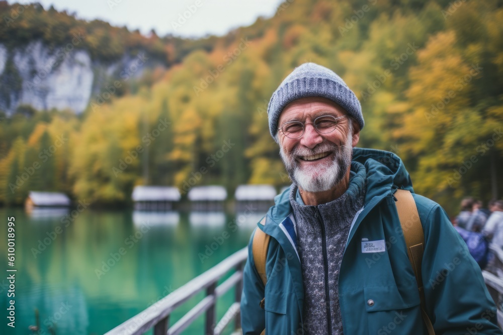 Handsome senior man with gray beard and gray hat standing in front of the lake Handsome senior man with gray beard and gray hat standing in front of the lake