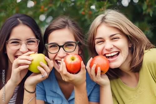 Smiling women with apples. Generated AI Generative AI