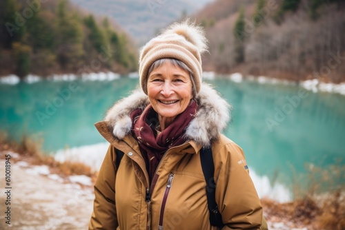 Portrait of a smiling senior woman standing in front of a mountain lake
