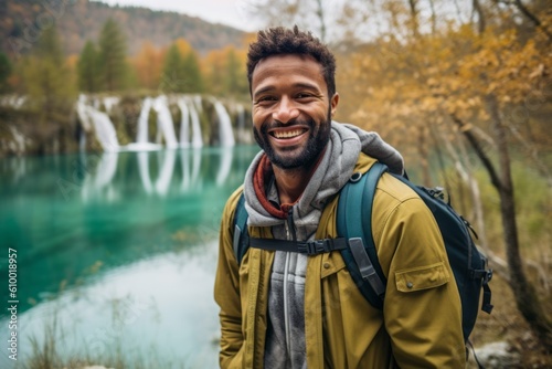 Portrait of a smiling african american man with backpack standing in front of waterfall