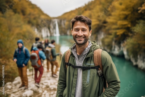 Handsome male hiker with backpack and group of people on background.
