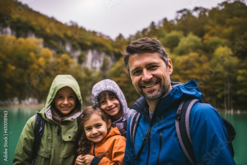 Happy family of four hiking in Plitvice Lakes National Park, Croatia