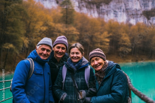 Group of happy senior friends on vacation in Plitvice Lakes National Park, Croatia