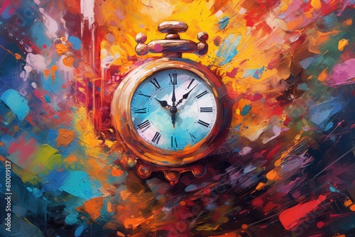 Slika na platnu Capturing the essence of time's fleeting nature, an explosive concept unfolds through a clock where splatters of paint burst outward