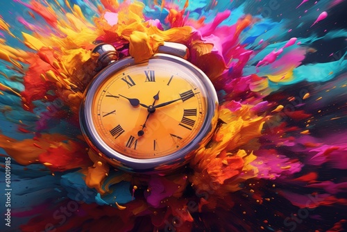 Capturing the essence of time s fleeting nature  an explosive concept unfolds through a clock where splatters of paint burst outward.  Generative Ai  Ai.