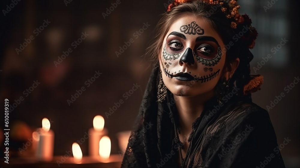 woman with halloween makeup, dressed in black traditional outfit,  celebrate Day of Death, Mexican party, generative AI tools 