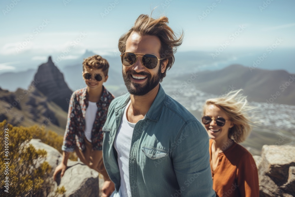 Naklejka premium Lifestyle portrait photography of a satisfied man in his 30s that is with the family at the Table Mountain in Cape Town South Africa . Generative AI