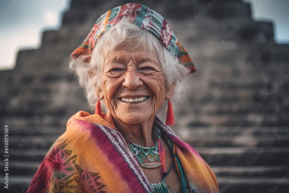 Portrait of a smiling senior woman on the steps of the temple