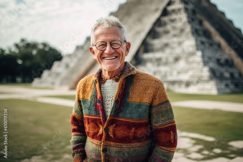 Group portrait photography of a grinning man in his 50s that is wearing a chic cardigan at the Chichen Itza Yucatan Mexico . Generative AI