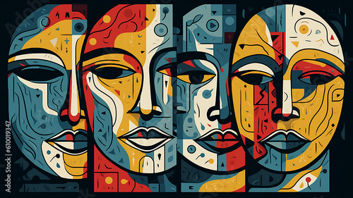 Modern illustration  Surreal colorful faces in yellow  red  white  blue and black. Stylish image for design  generative AI tools 