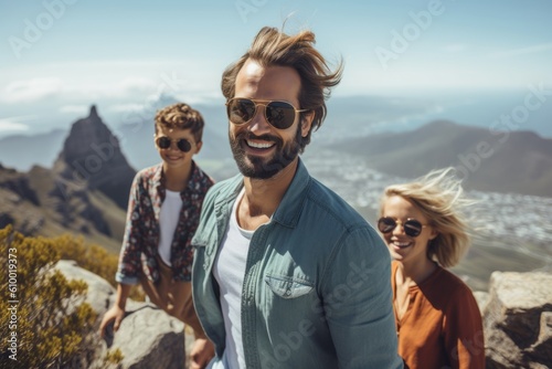 Lifestyle portrait photography of a satisfied man in his 30s that is with the family at the Table Mountain in Cape Town South Africa . Generative AI © Anne Schaum