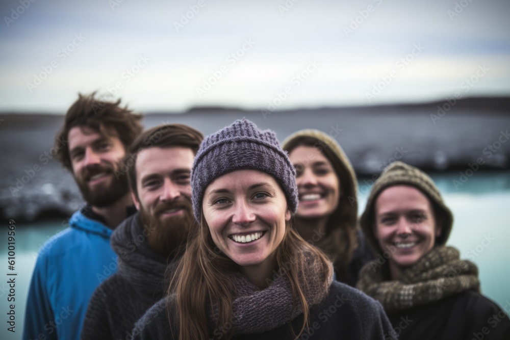 Portrait of smiling friends standing in a row at the beach during winter Portrait of smiling friends standing in a row at the beach during winter