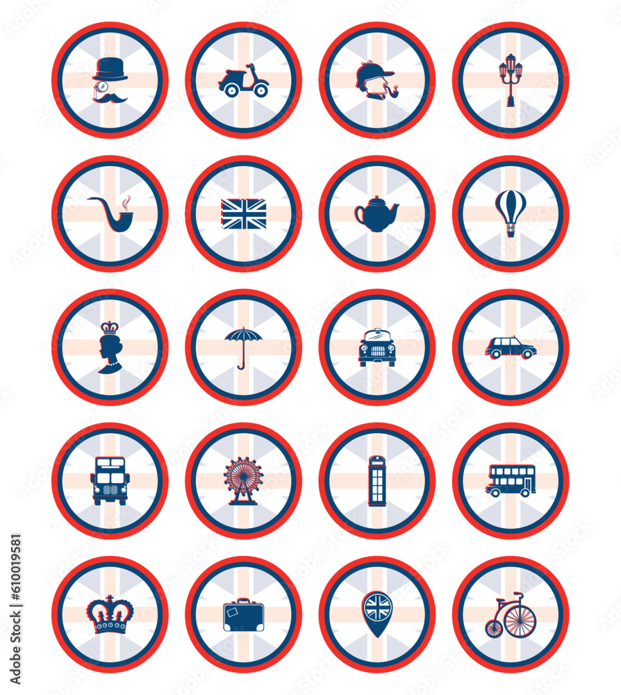 vector icon set of english culture with red and blue color borders