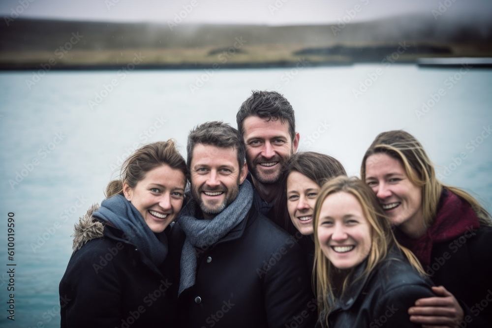 Portrait of a group of friends standing by a lake in winter Portrait of a group of friends standing by a lake in winter
