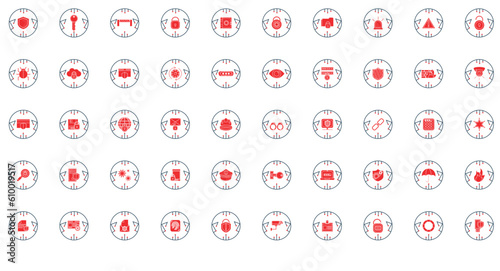 set of red cyber security icons with black lines