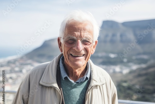 Portrait of a senior man smiling at the camera in the mountains
