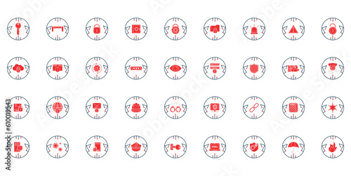 set of red cyber security icons with black lines