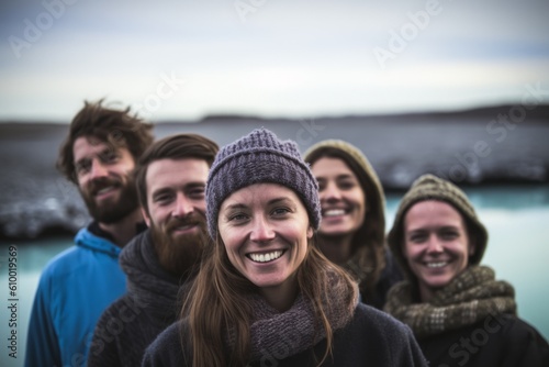 Portrait of smiling friends standing in a row at the beach during winter
